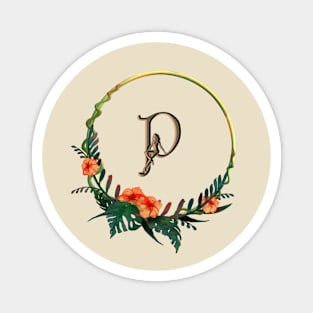 Circular frame with tropical flowers and girl figure on Letter P Magnet